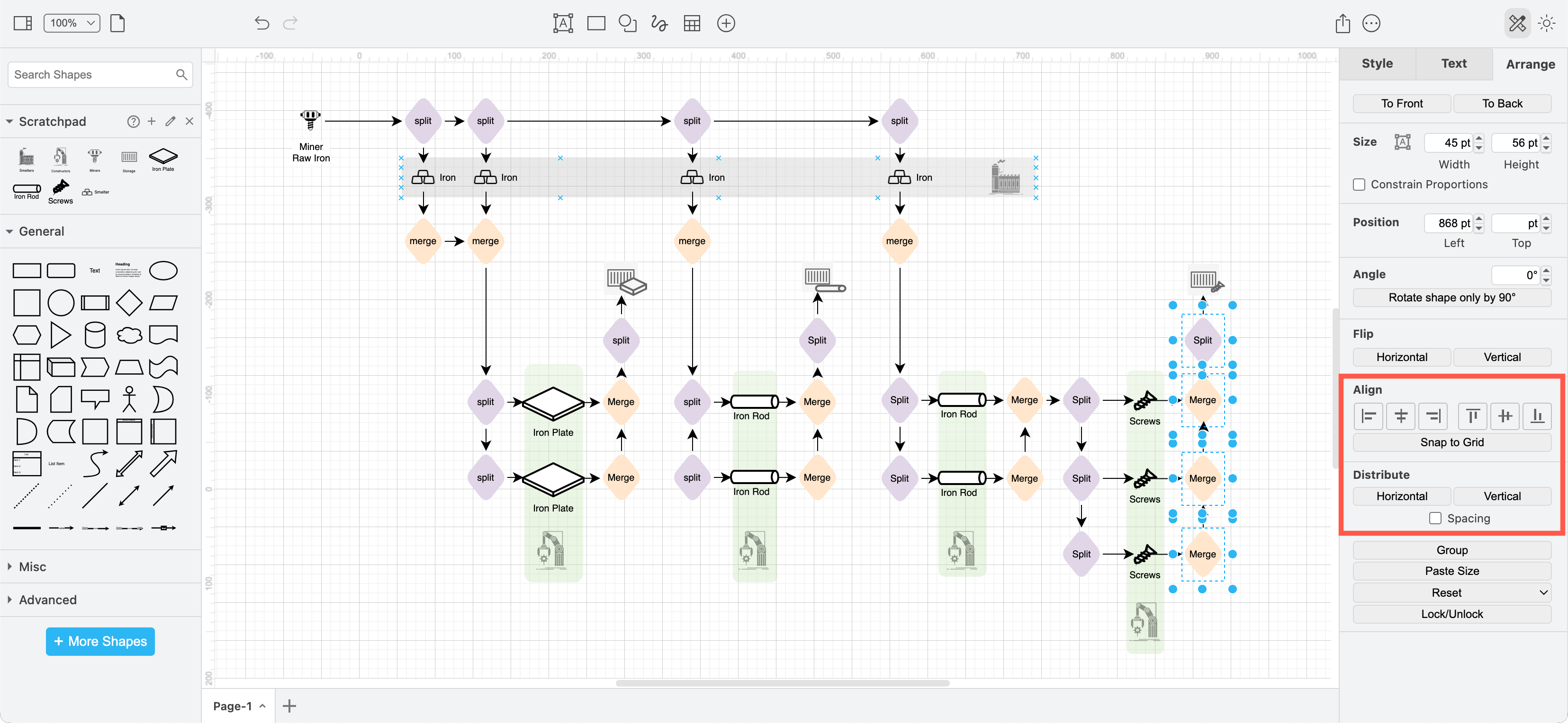 draw.io has alignment and distribute tools that let you neaten diagrams quickly and easily