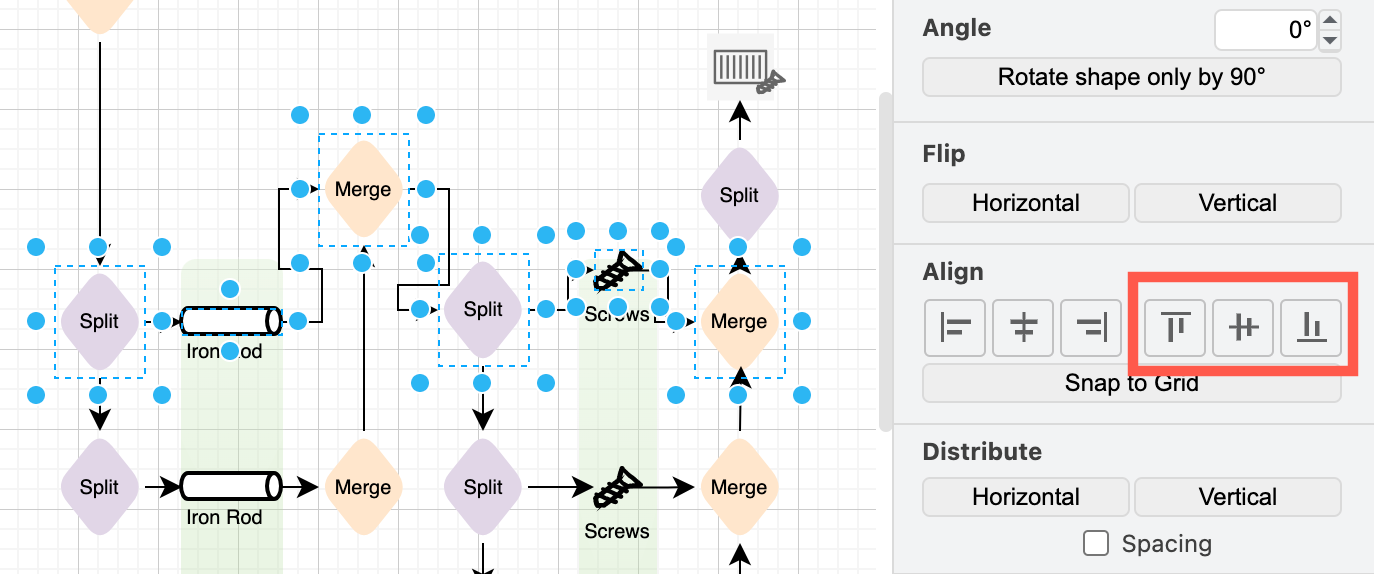 Align selected shapes vertically in the Arrange tab in draw.io to the Top, Middle, or Bottom
