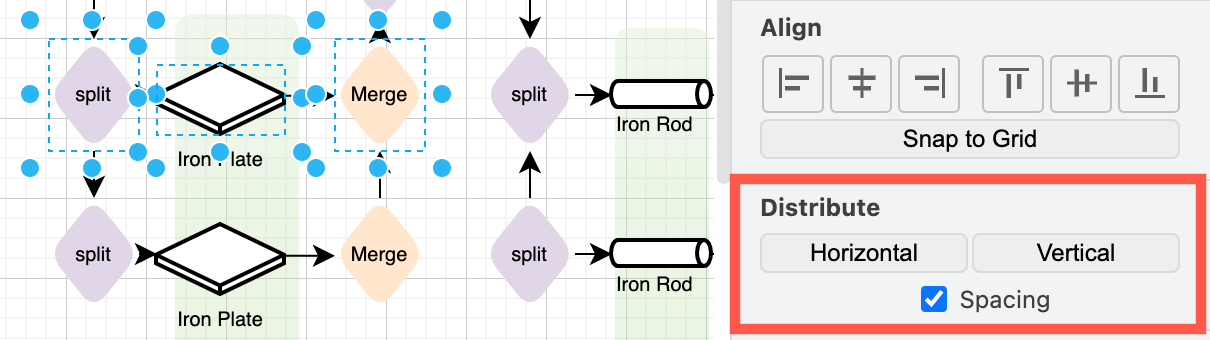 Distribute shapes horizontally with even spacing between the shapes via the Arrange tab in draw.io