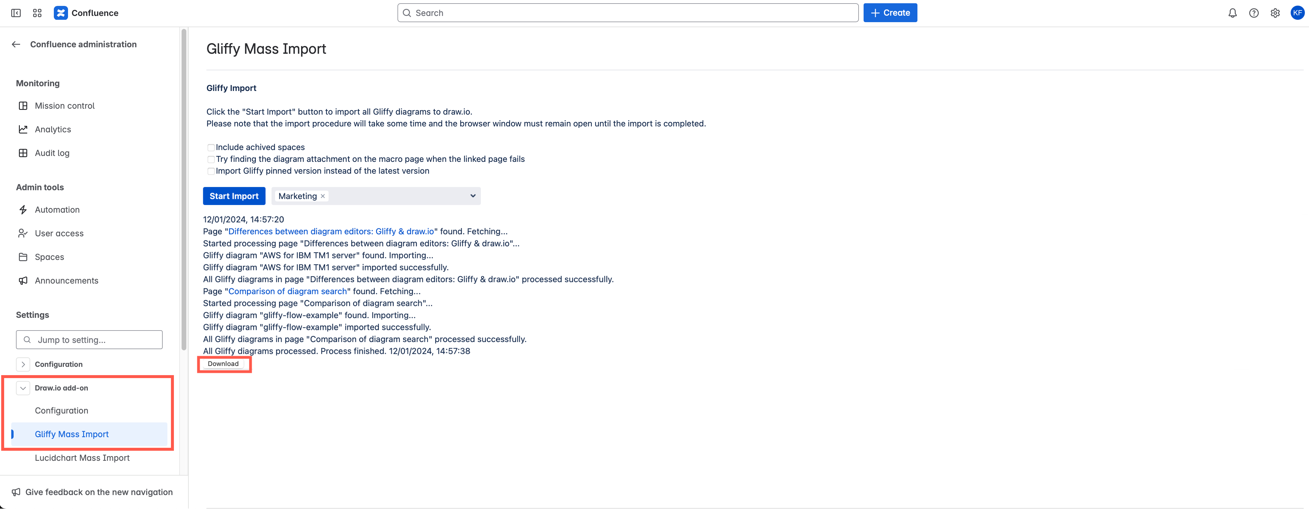 Log of the Gliffy mass import to draw.io in Confluence Cloud