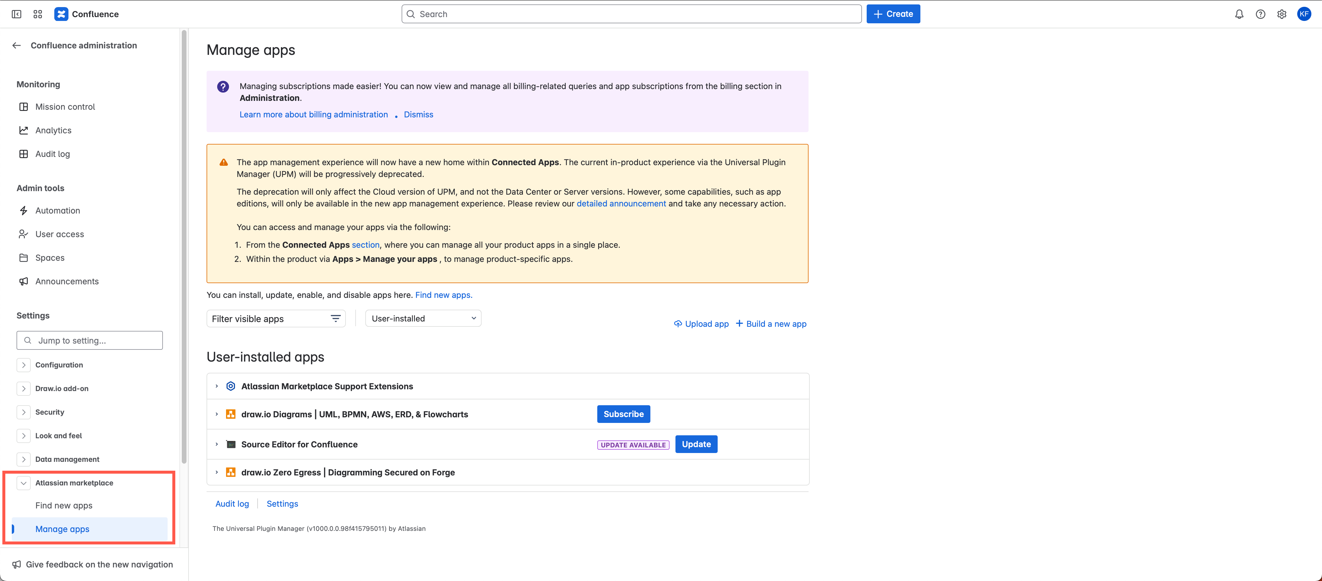 Manage the apps that are installed in your Confluence Cloud instance via Settings