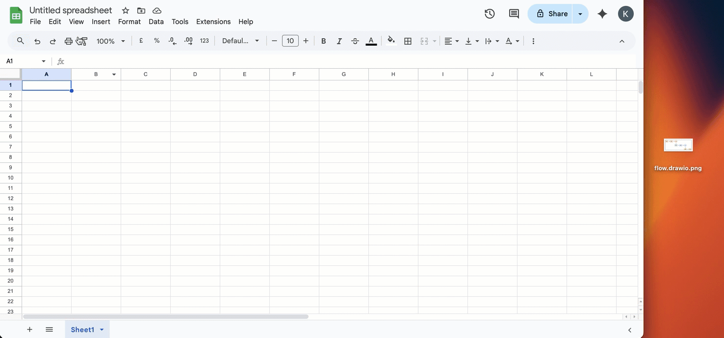 Export a draw.io diagram to a PNG image, then import it into your Google spreadsheet