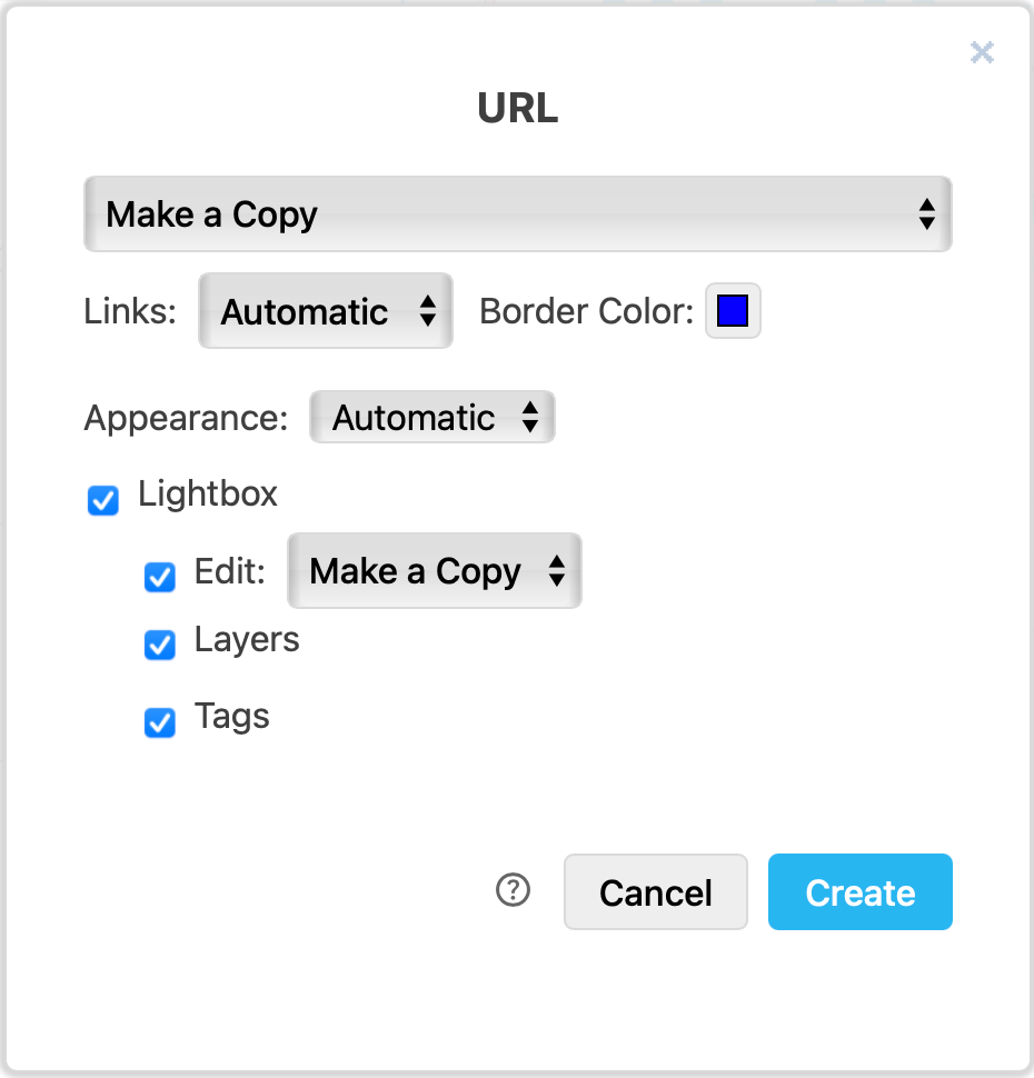 Select the export options to export a diagram to a URL
