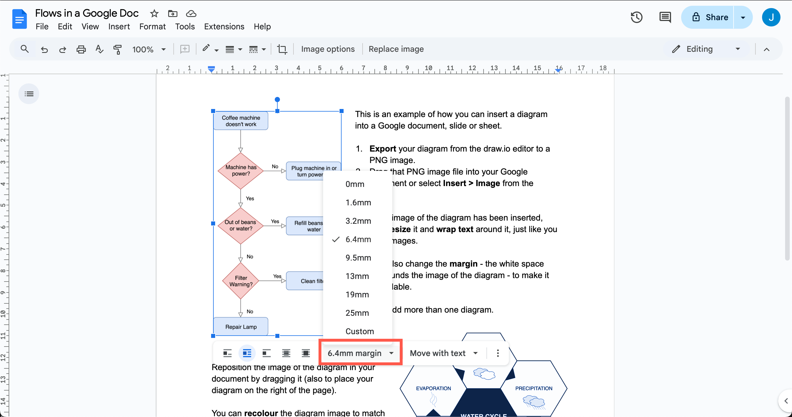 Select a new margin or text-wrap style around your diagram in your Google Document