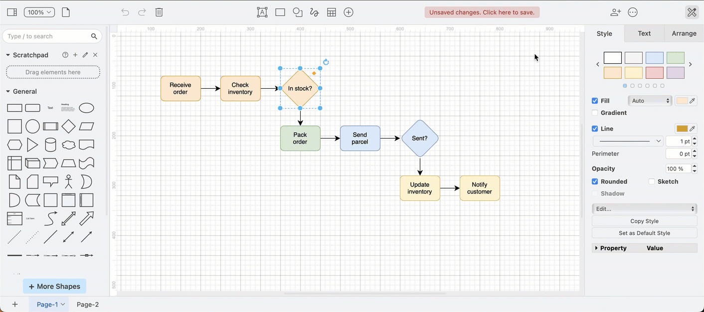 Select the Help menu above the draw.io drawing canvas to access online help, support, keyboard shortcuts and more