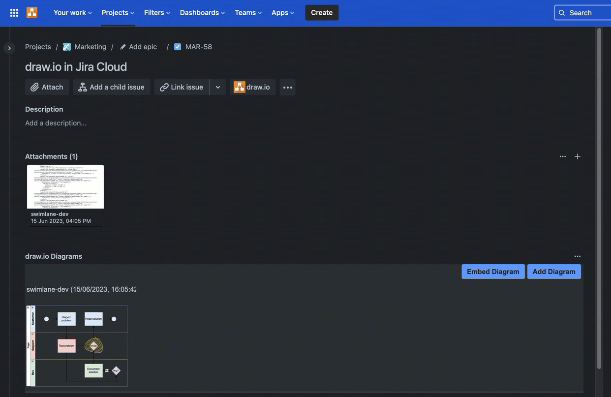 draw.io automatically changes the colours in your diagrams to match your Jira Cloud dark or light theme