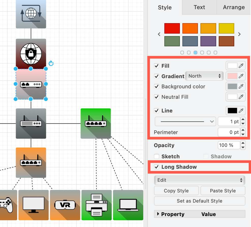 The new Network shapes have additional style options for shape and background colour, and a long shadow