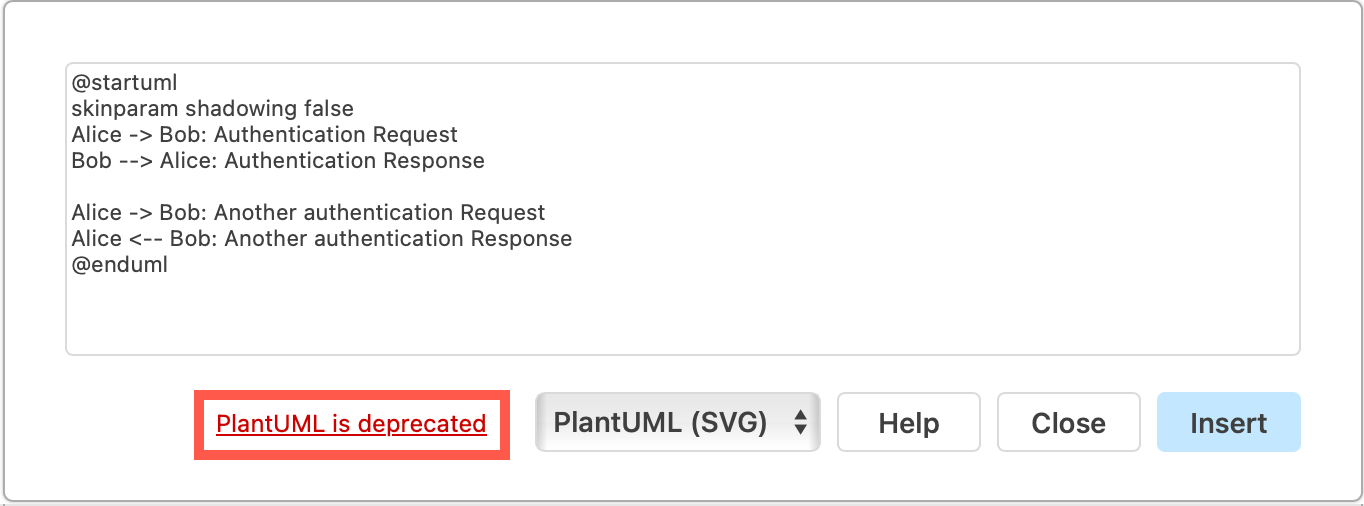 A warning about PlantUML support being phased out by the end of 2025 in the online draw.io editor