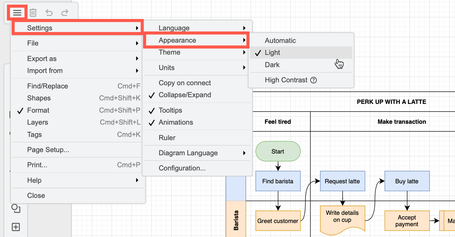 Switch between dark and light modes via the draw.io menu under Settings > Appearance