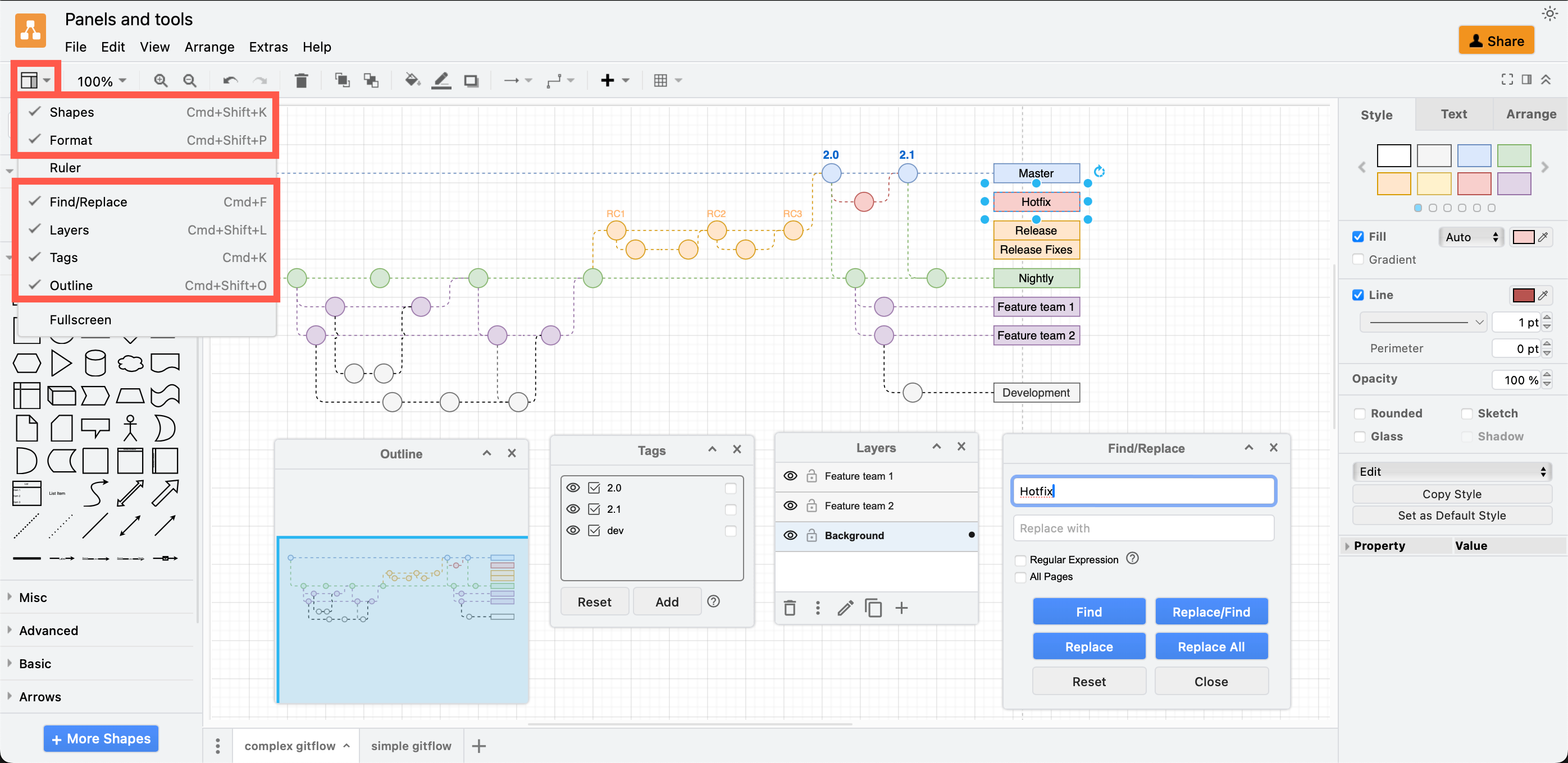 Use the View tool in the toolbar to display or hide tool dialogs using the classic mode in draw.io