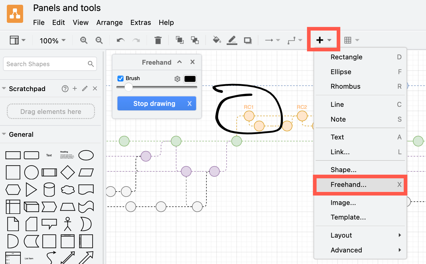 Open the Freehand drawing tool via Arrange > Insert > Freehand, or via the + in the toolbar