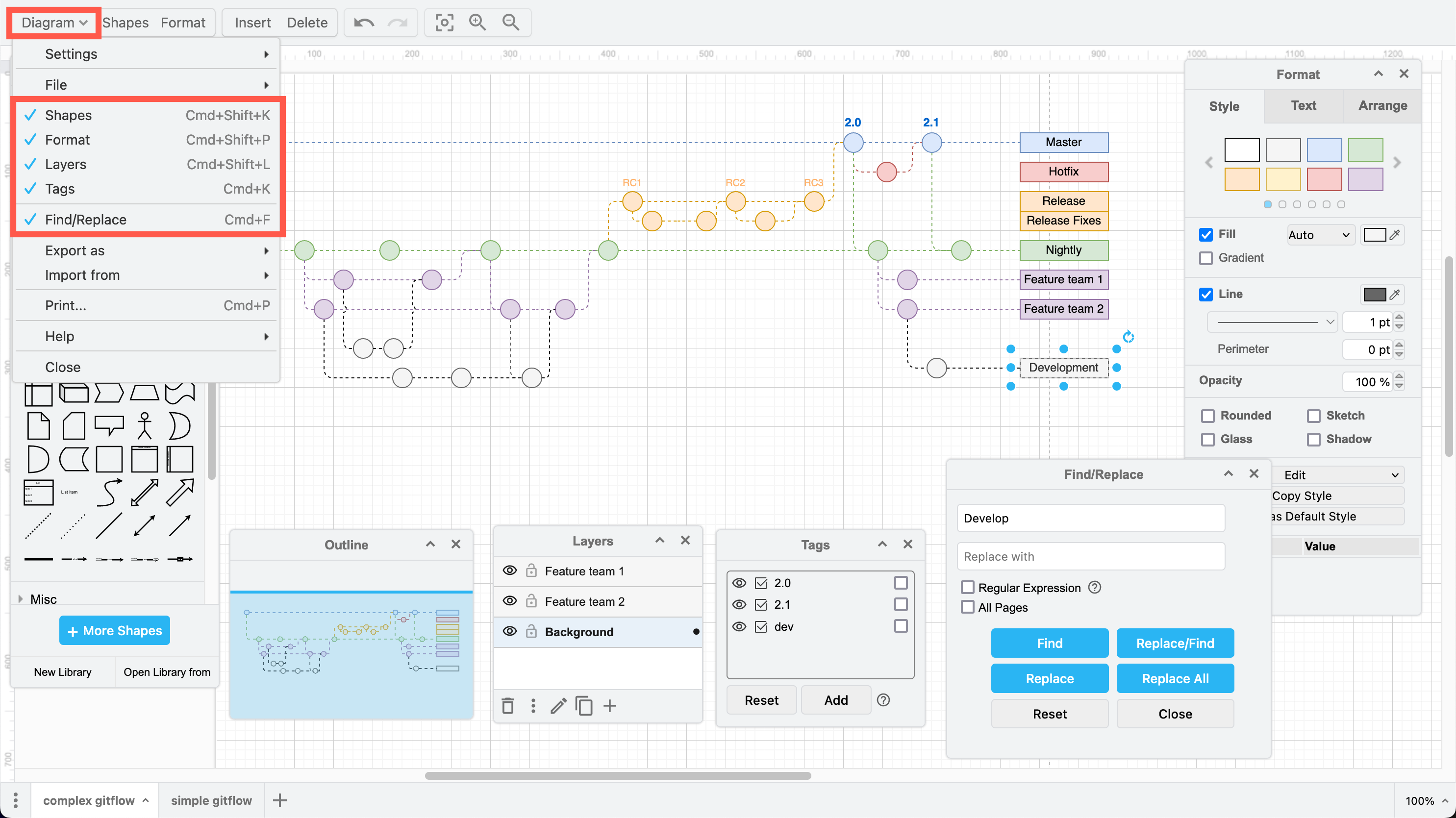 Use the View tool in the toolbar to display or hide tool dialogs using the Minimal editor theme in draw.io