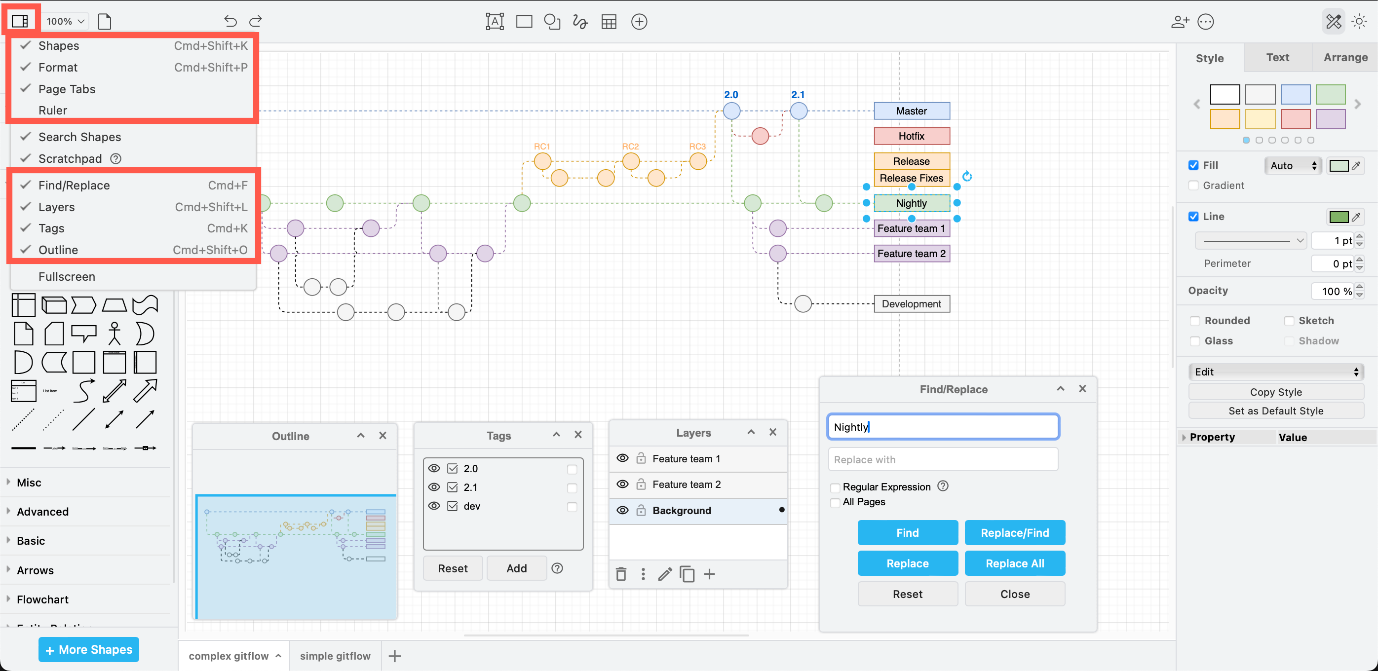 Use the View tool in the toolbar to display or hide tool dialogs using the simple mode in draw.io