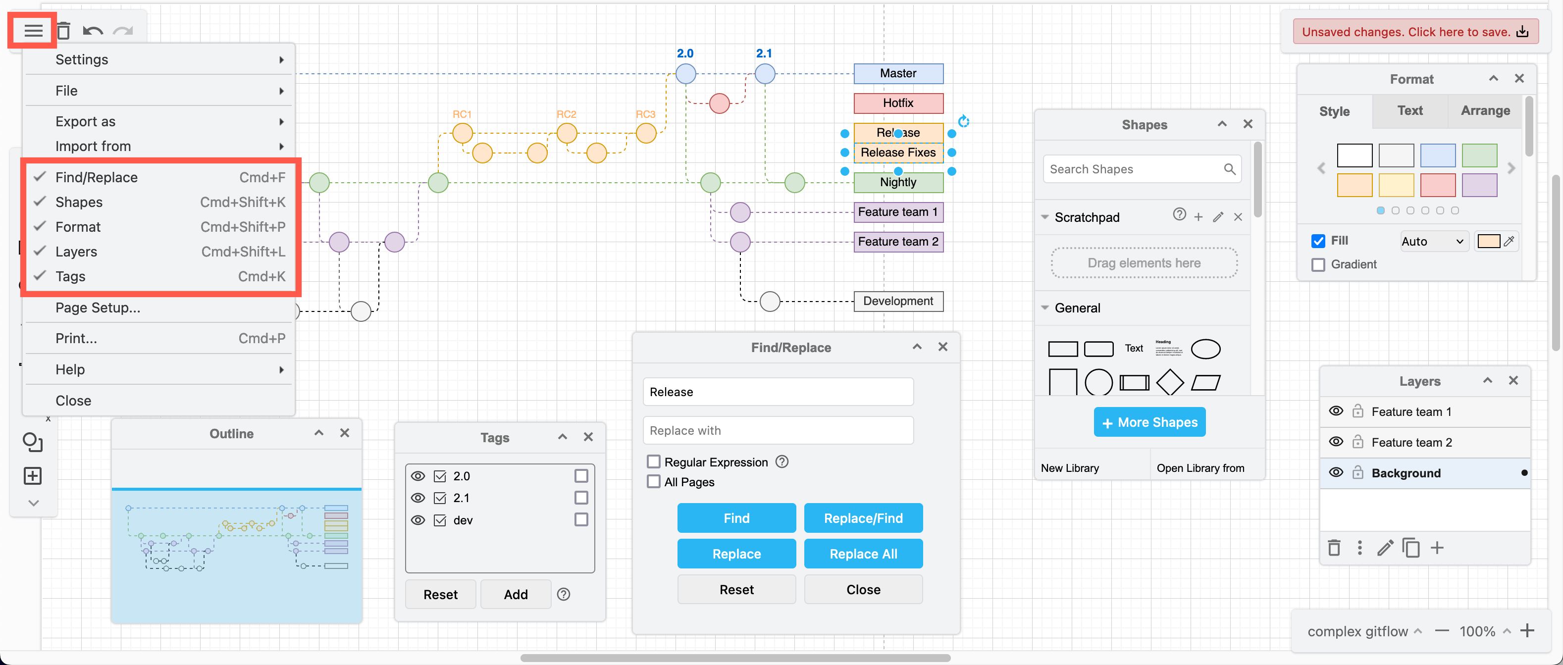 Use the View tool in the toolbar to display or hide tool dialogs using the Sketch editor theme in draw.io