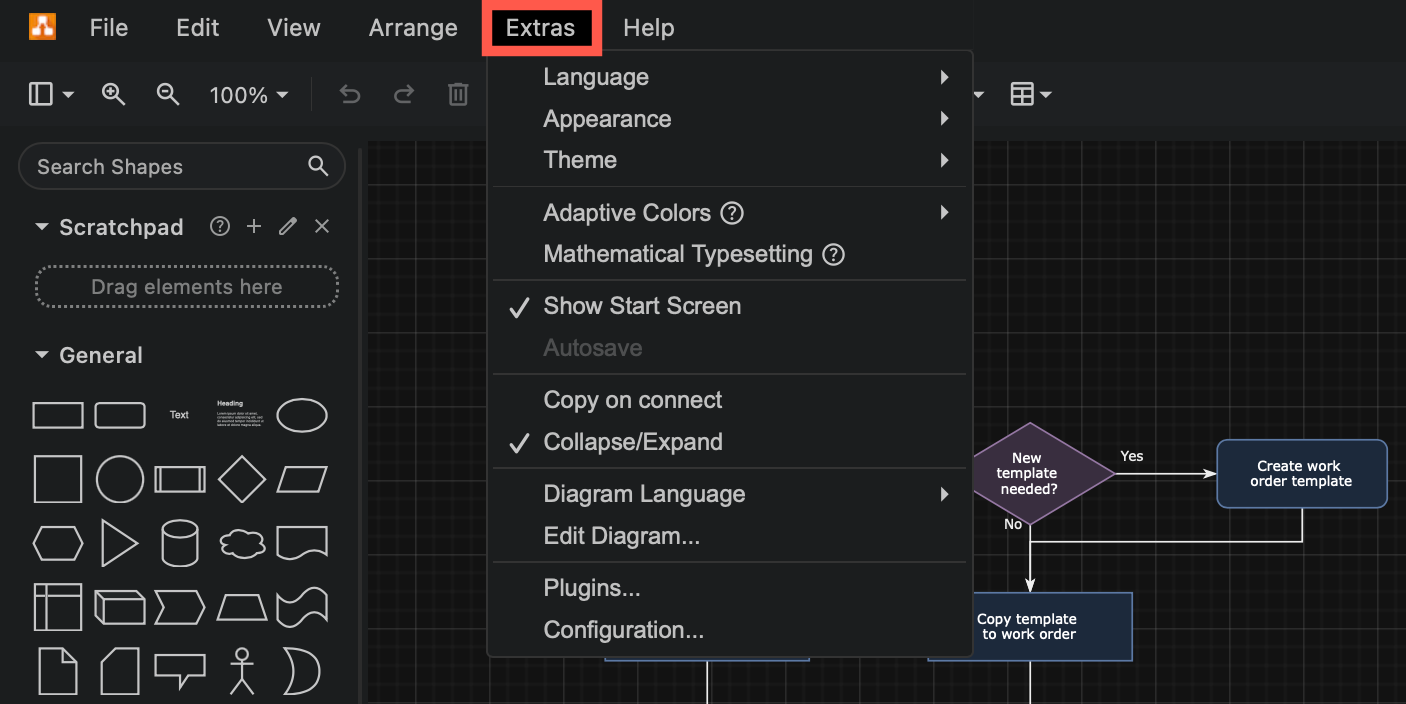 Click ... and select Settings to access the appearance and themes menu when using the Atlas or Classic draw.io editor themes
