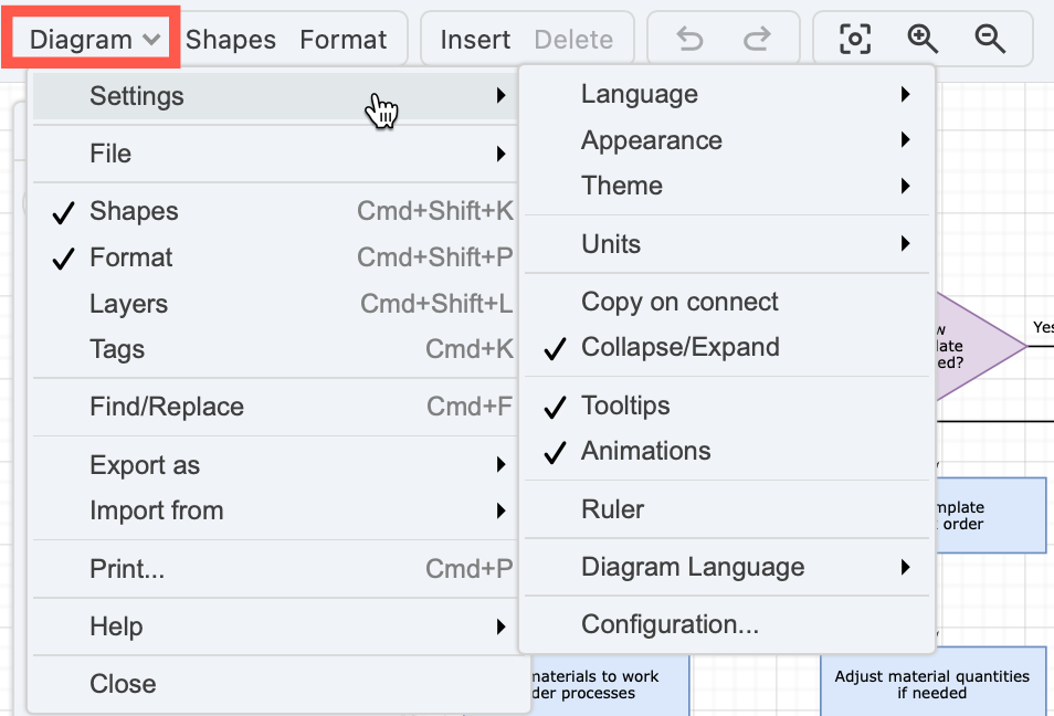 Click ... and select Settings to access the appearance and themes menu when using the Minimal draw.io editor theme