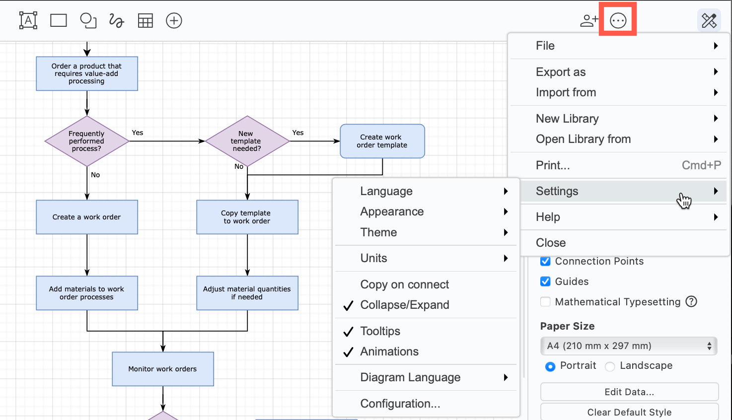 Click ... and select Settings to access the appearance and themes menu when using the Simple draw.io editor theme