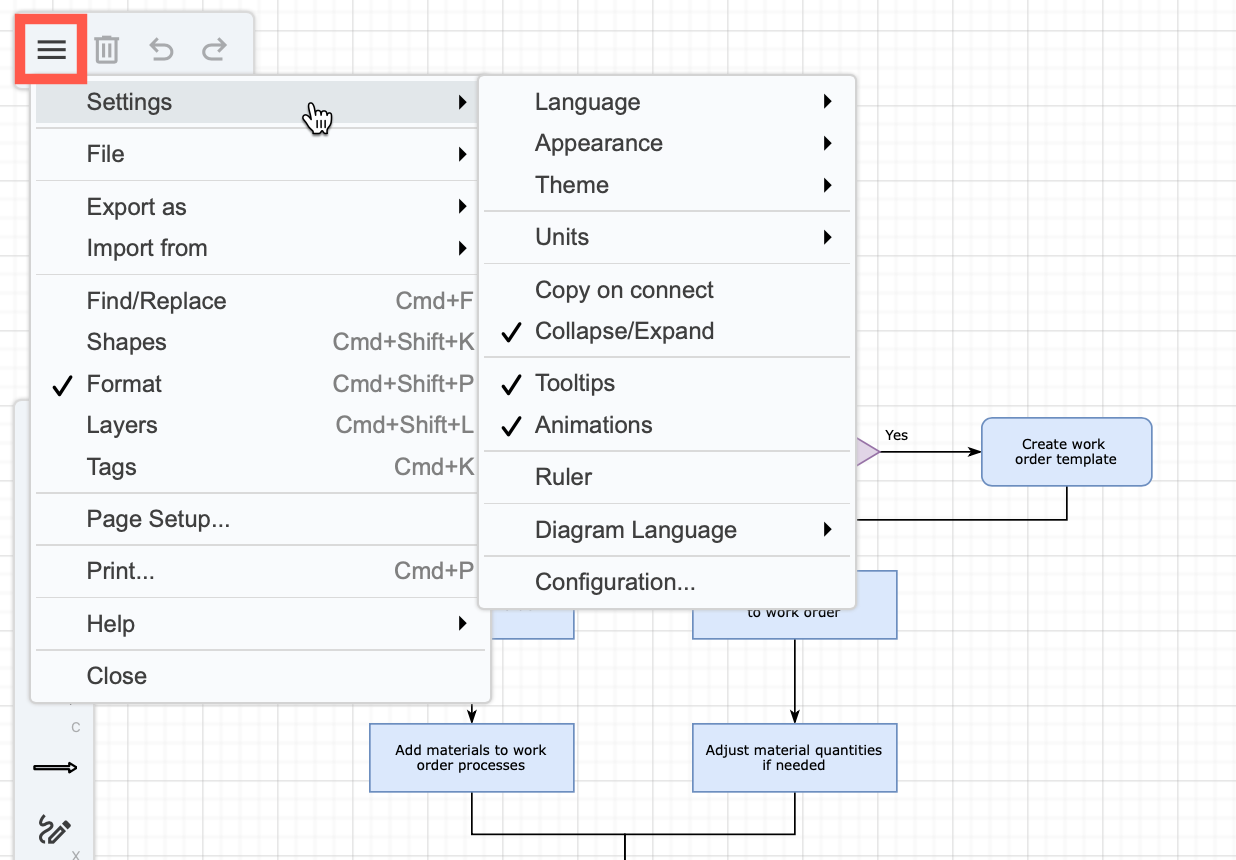 Click ... and select Settings to access the appearance and themes menu when using the Sketch draw.io editor theme