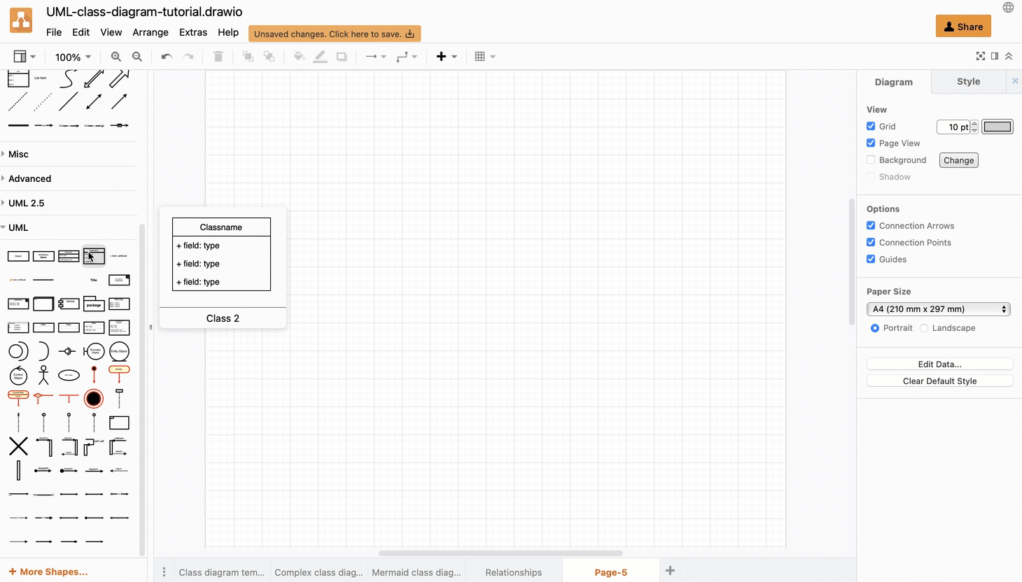 Add UML class shapes from the UML and UML 2.5 shape libraries in draw.io