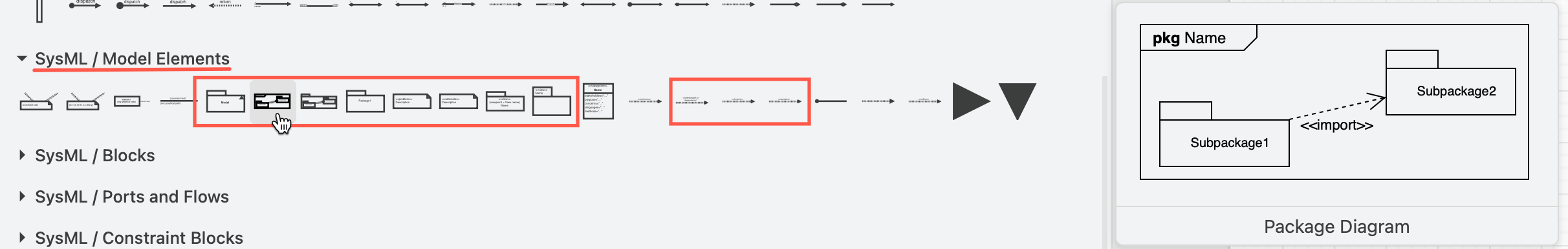 The SysML shape library also contains a number of package shapes you can use in your UML diagrams